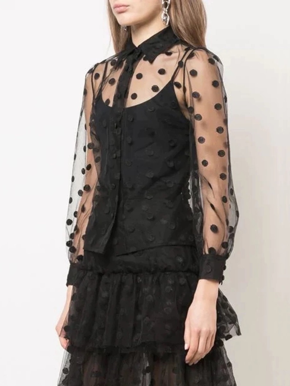 Sheer Polka Dot Black Tie-Neck Blouse